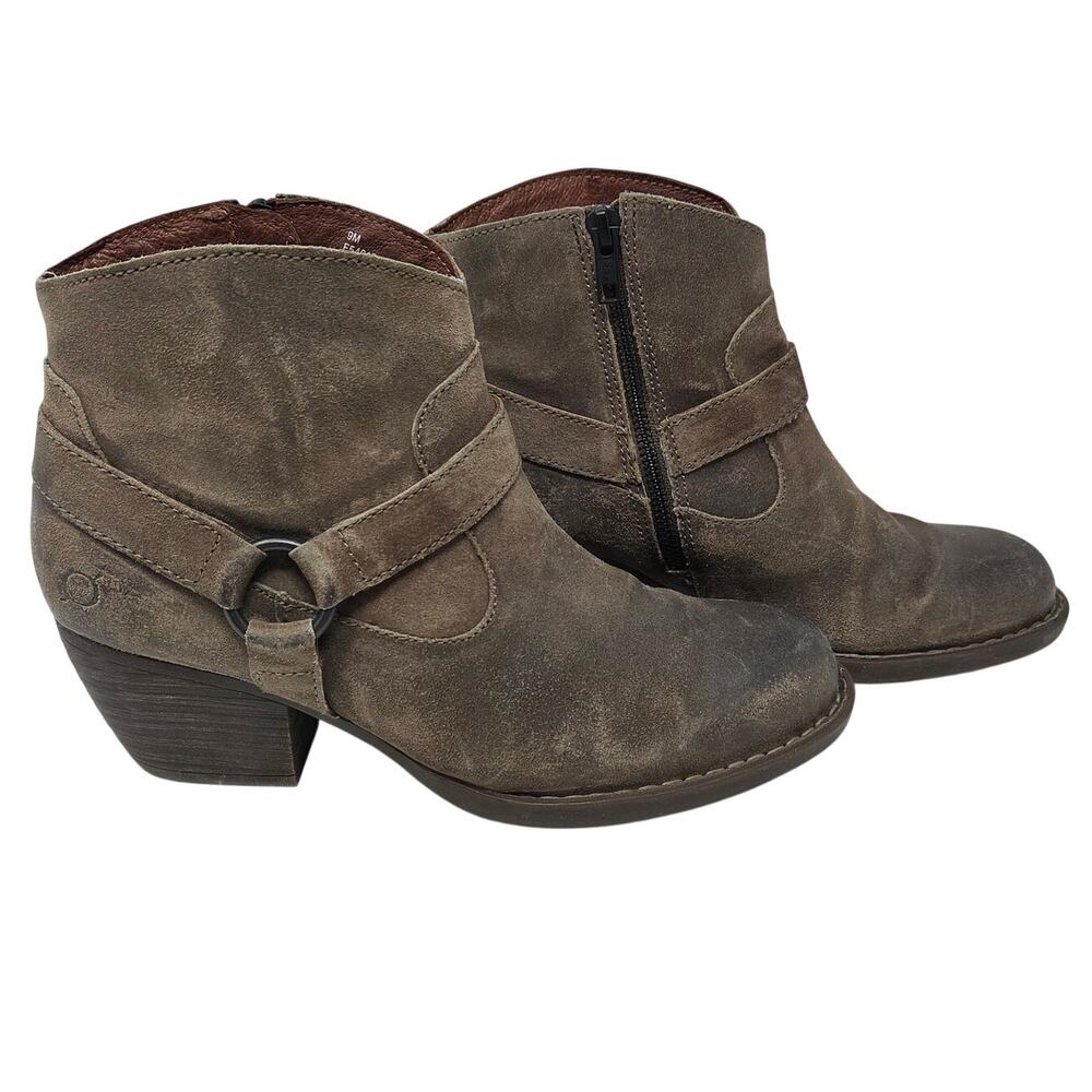 Born Brown Suede Leather Side Zip Carmel Harness Western Ankle Boots Size 9 M - Picture 2 of 10